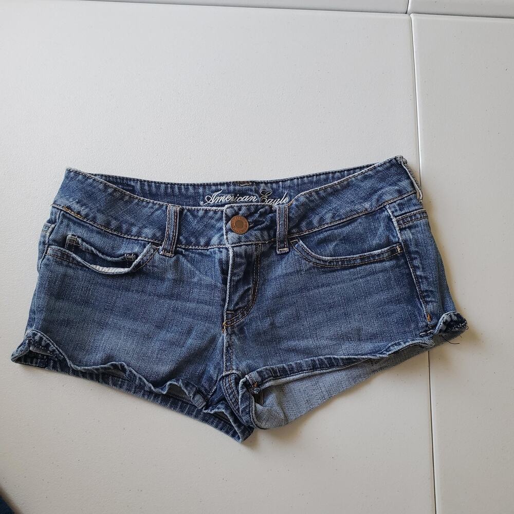 Y2K American Eagle Micro Shorts Womens 4 Blue Denim Hot Pants Low Rise Stretch